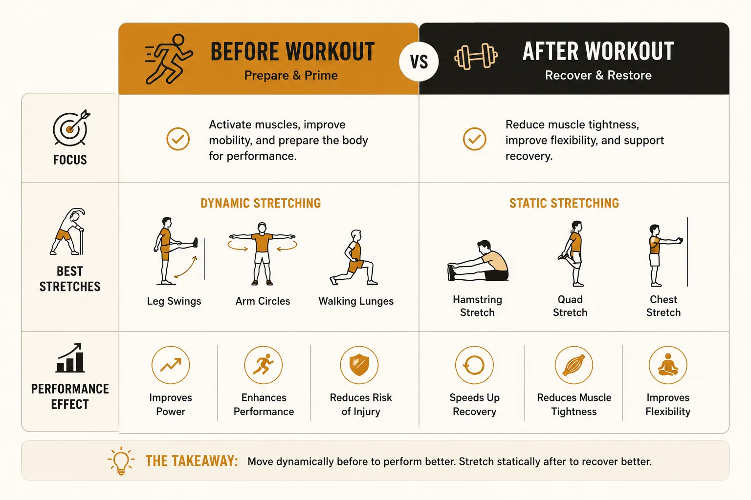 A comparison chart showing when to use dynamic stretching versus static stretching, before versus after a workout, with performance effects
