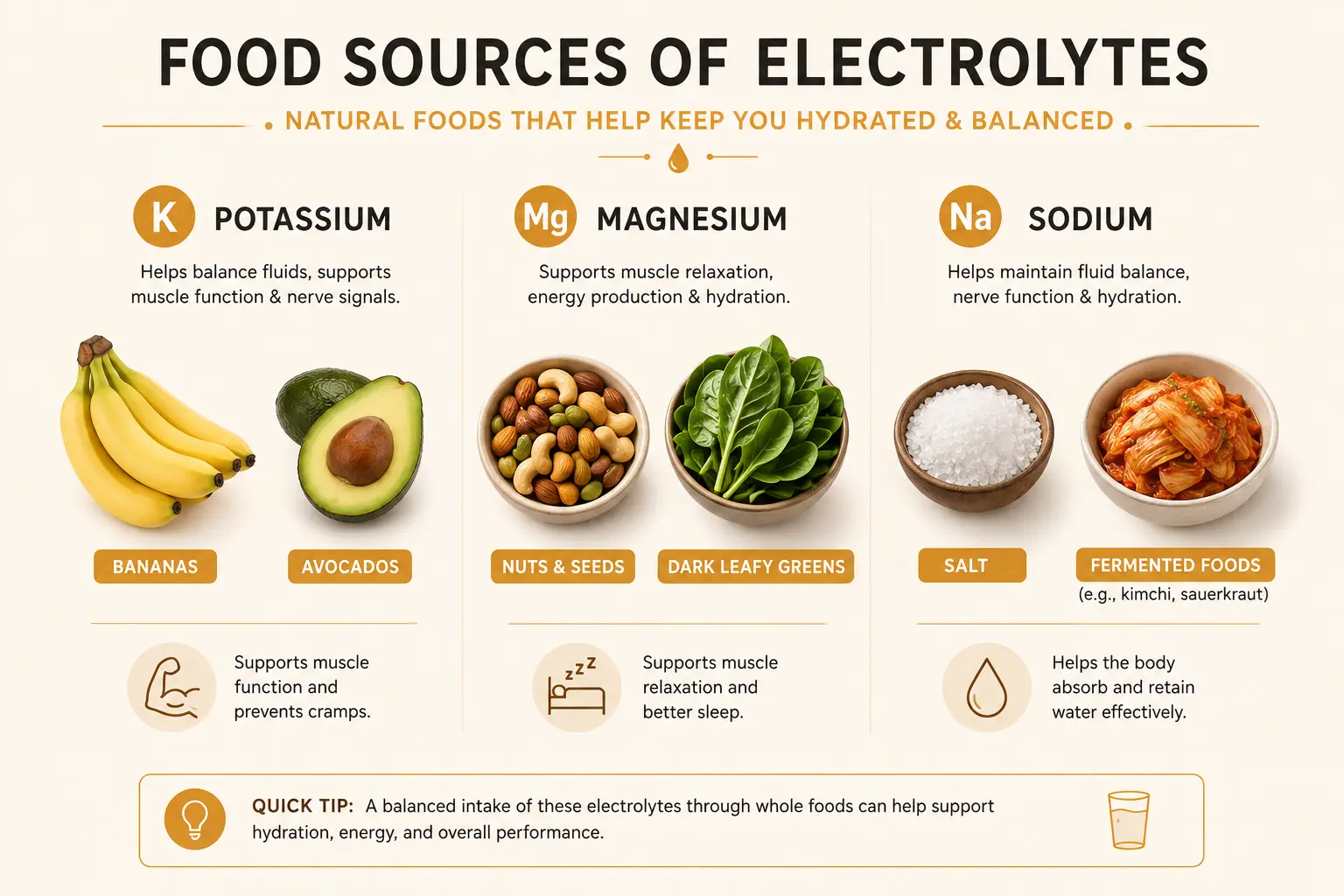 An infographic showing food sources of sodium, potassium, and magnesium including bananas, spinach, avocados, nuts, and salted foods