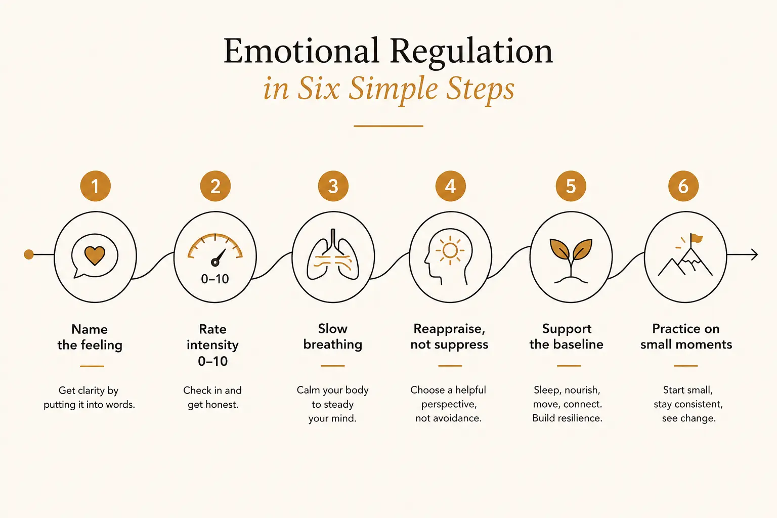A step-by-step flow diagram showing six emotional regulation techniques from naming the feeling to practicing during small moments