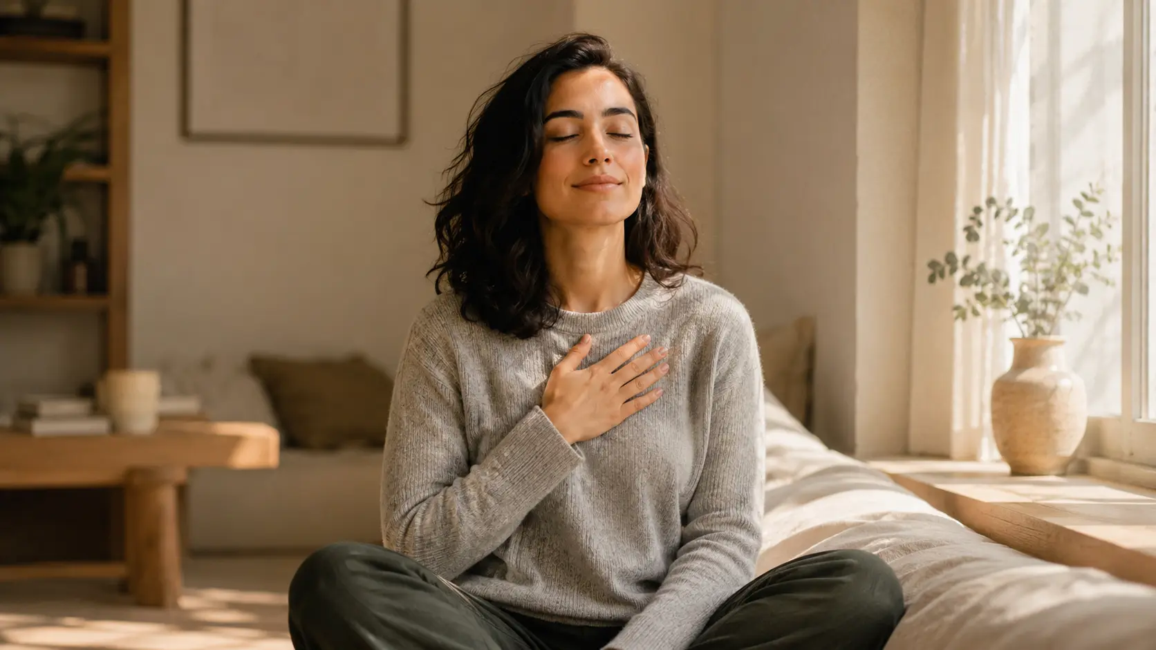 A person sitting quietly with eyes closed taking a calm breath, hand resting on chest, soft natural light