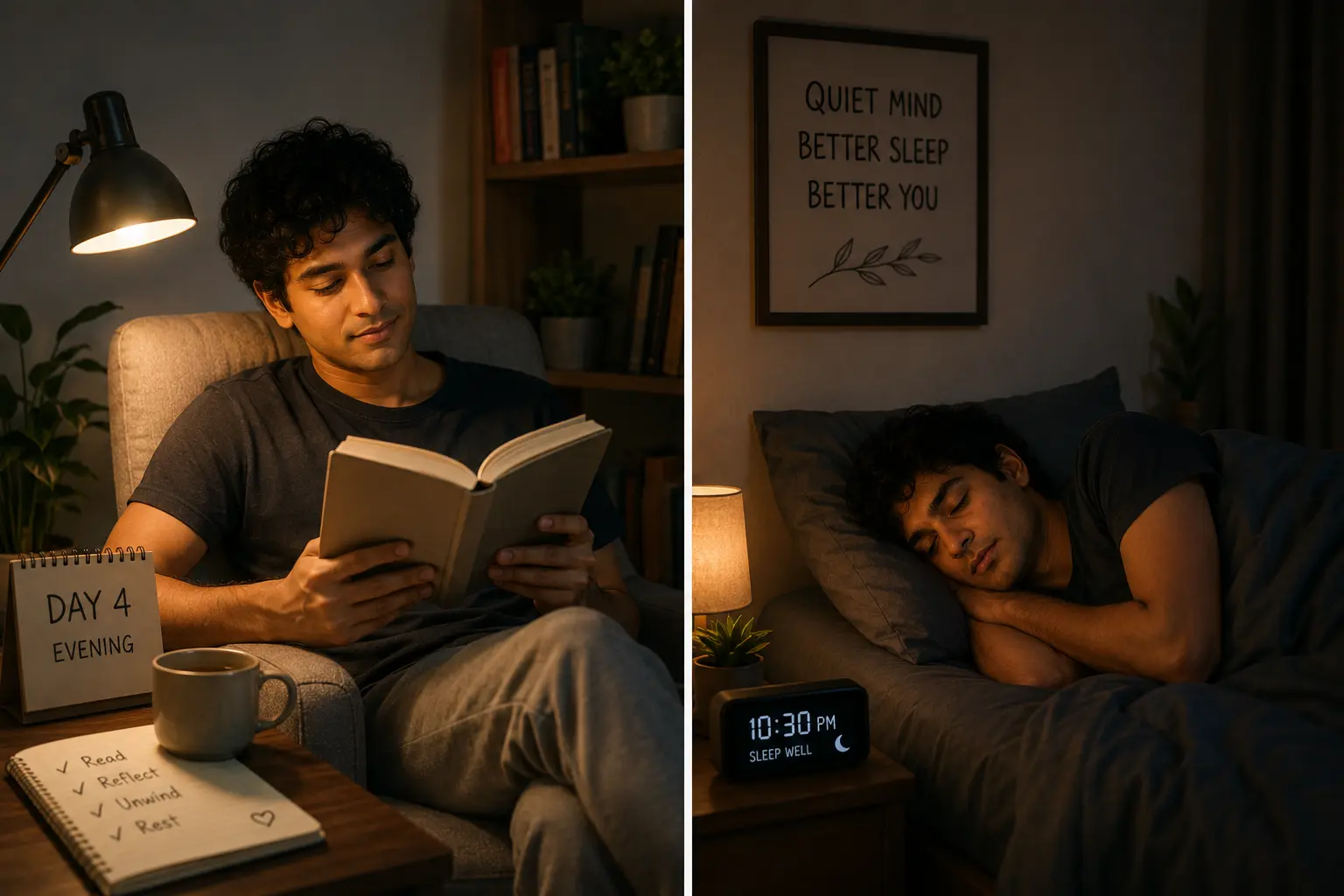Person sitting quietly reading a book in the evening instead of scrolling a phone — representing the shift in attention quality from day four of a social media break