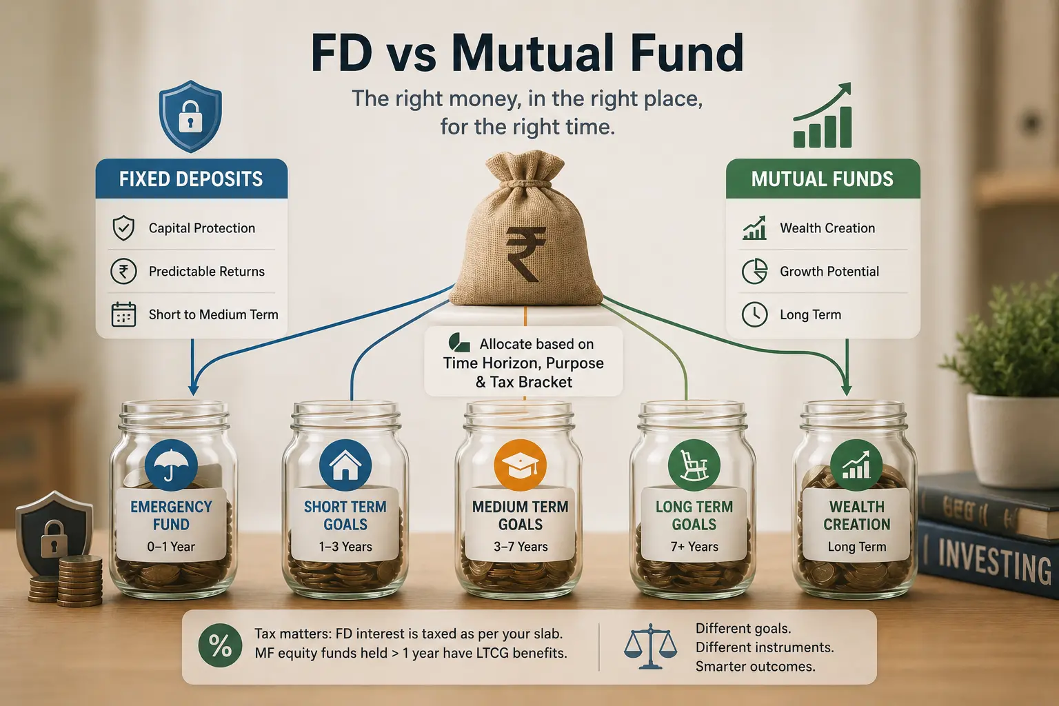 Person reviewing financial documents and making investment allocation decisions — representing the FD vs mutual fund decision framework