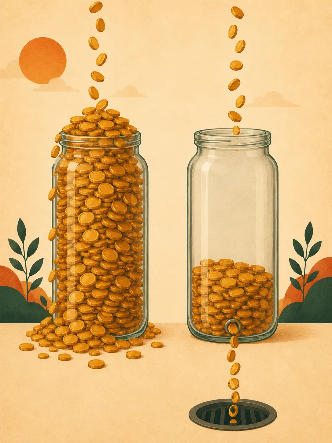 Illustration of two identical jars filling with coins — one full and overflowing, the other slowly draining through a small leak at the bottom, like fees quietly draining a portfolio