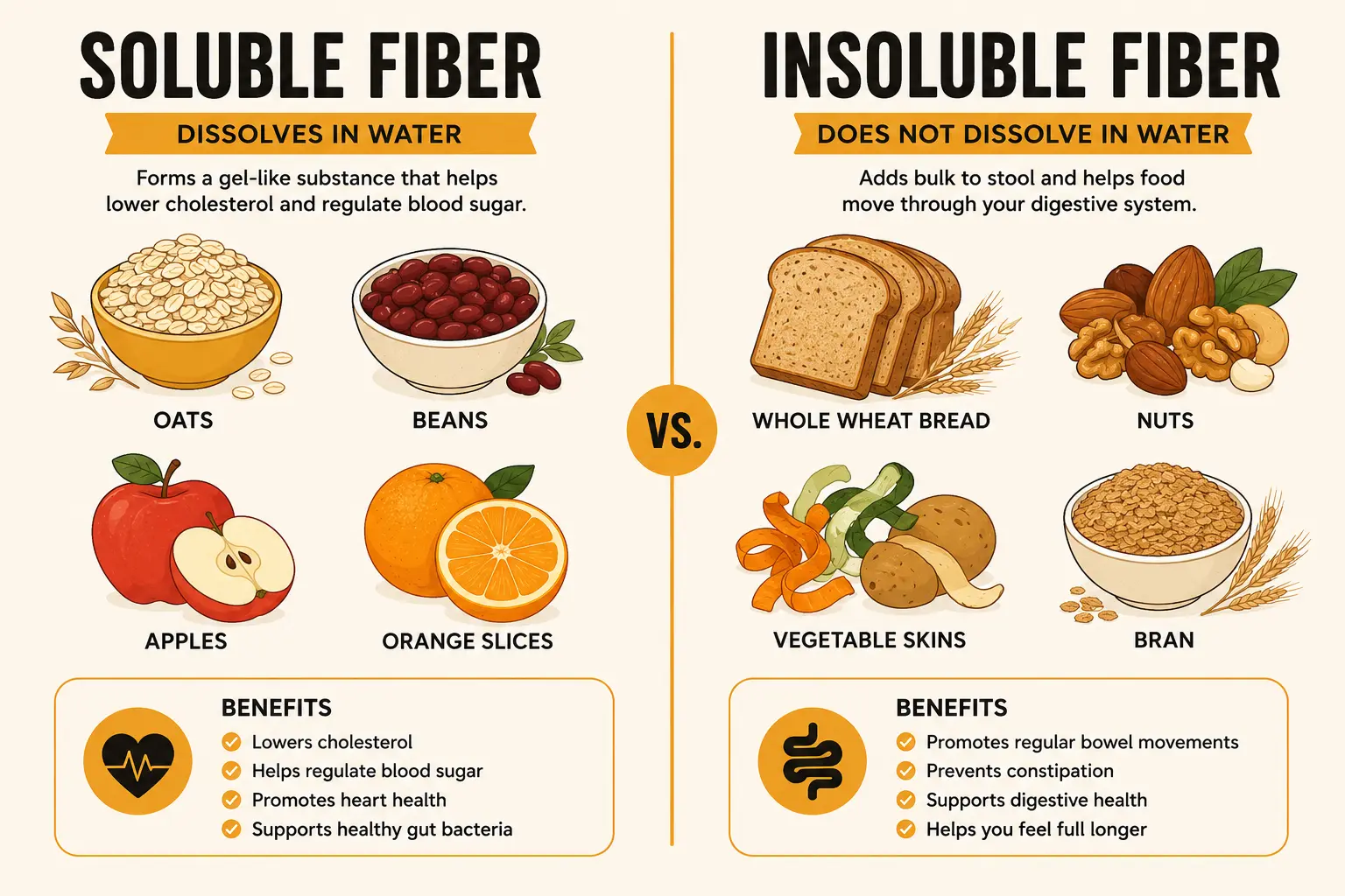 A split illustration comparing soluble fiber sources like oats and beans against insoluble fiber sources like whole wheat and vegetable skins
