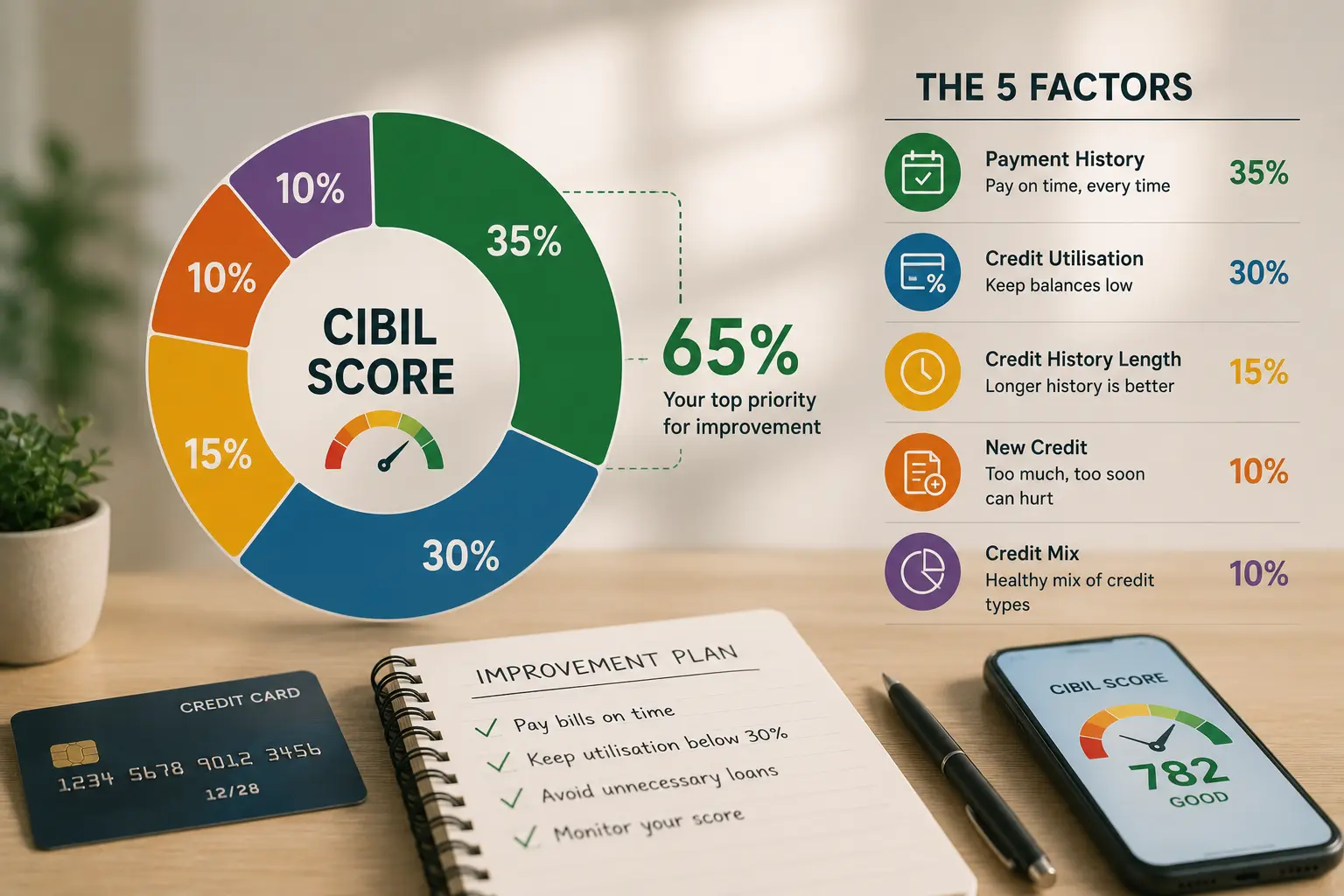 Infographic showing the five factors that build a CIBIL credit score in India — payment history, credit utilisation, history length, credit mix, and new enquiries — with their percentage weightings