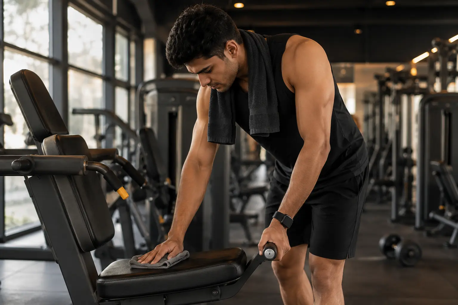 A person wiping down a gym machine with a towel after finishing a set, demonstrating basic gym etiquette