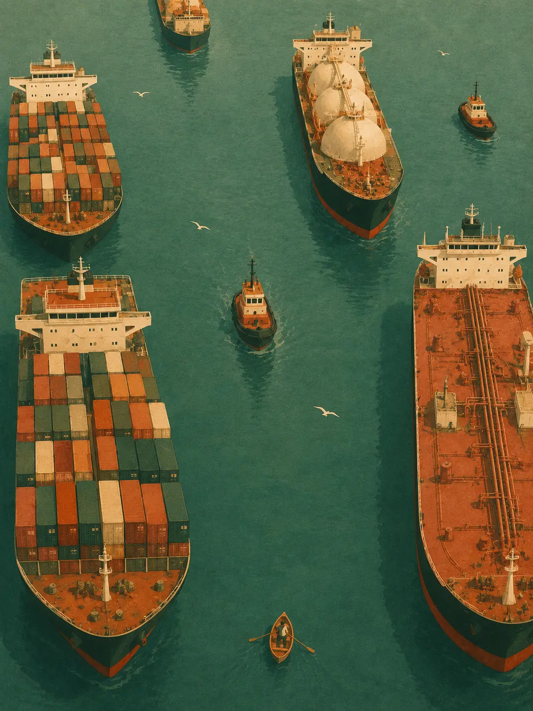 Bird's-eye illustration of a tiny rowboat sharing a vast harbor with enormous container ships — like a retail trader among the institutions that dominate the forex market