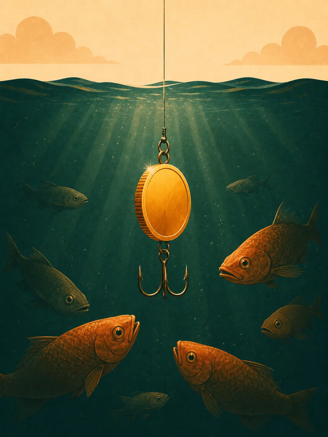Illustration of a glossy fishing lure shaped like a golden coin dangling in dark water with hooks subtly visible, small fish approaching — like the polished bait of forex scams