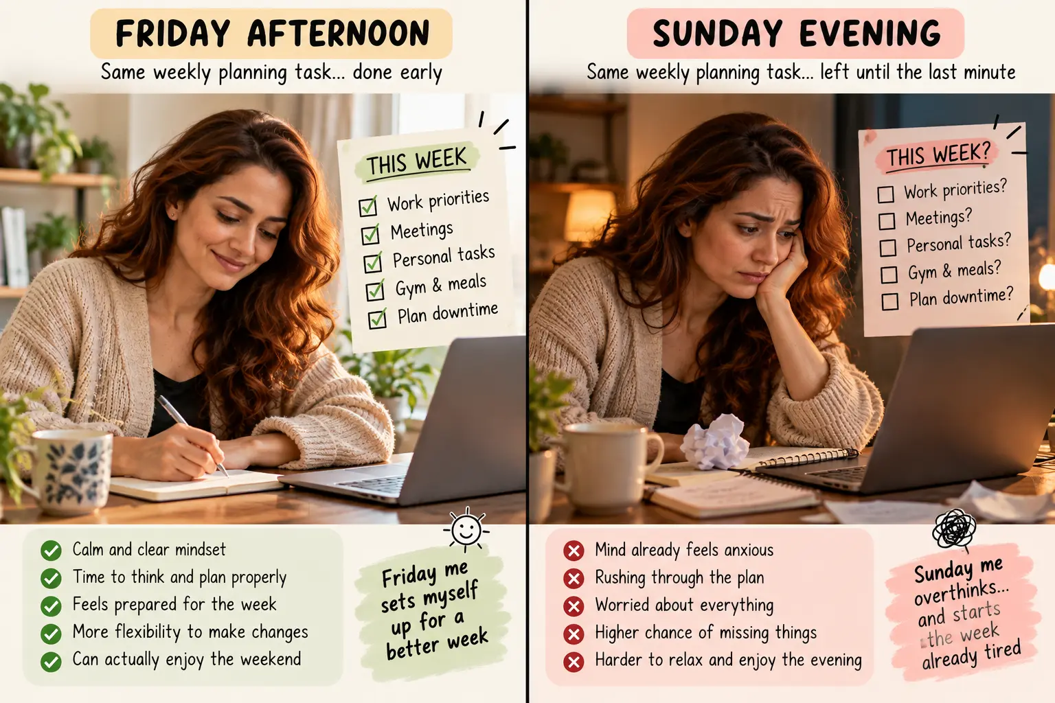 A side-by-side comparison graphic showing the same weekly planning task done on Friday afternoon versus Sunday evening, illustrating how the timing changes the emotional impact
