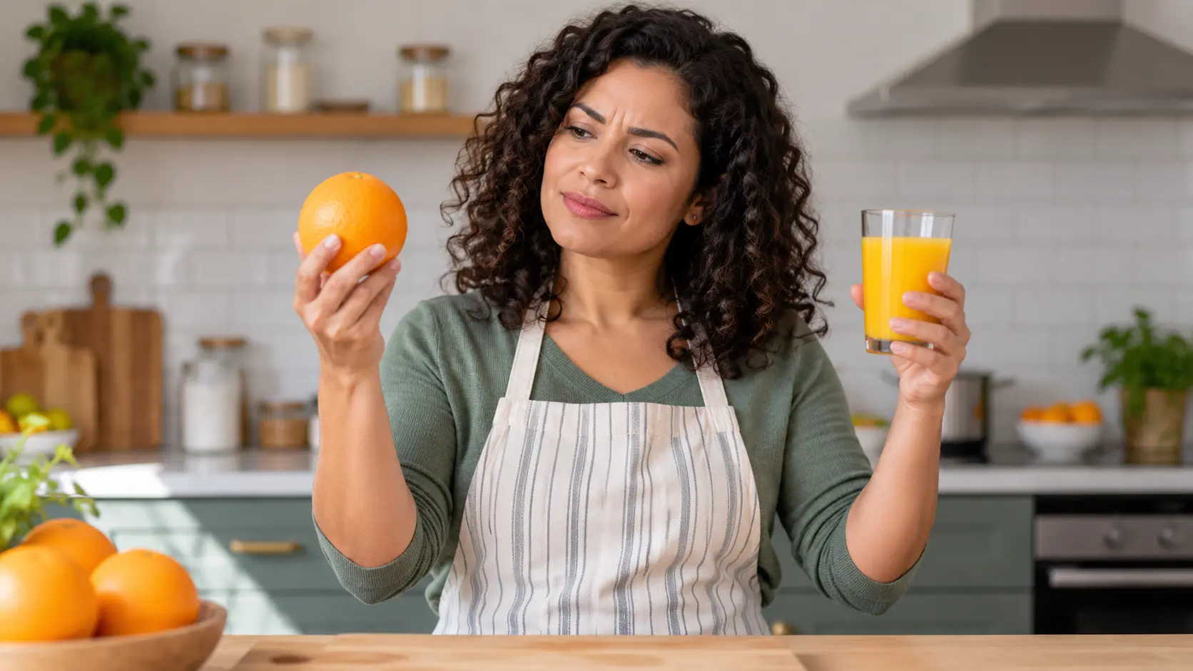 A Latina woman in her mid-30s with dark curly hair, wearing a casual apron, standing at a kitchen counter holding a whole orange in one hand and a glass of orange juice in the other, comparing them with a thoughtful expression