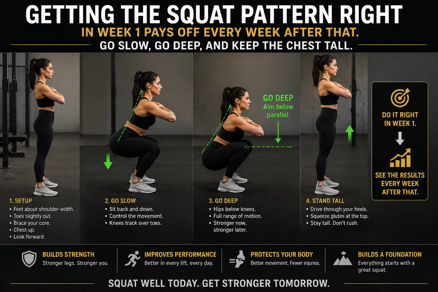 Person doing a bodyweight squat at home — proper form for beginners