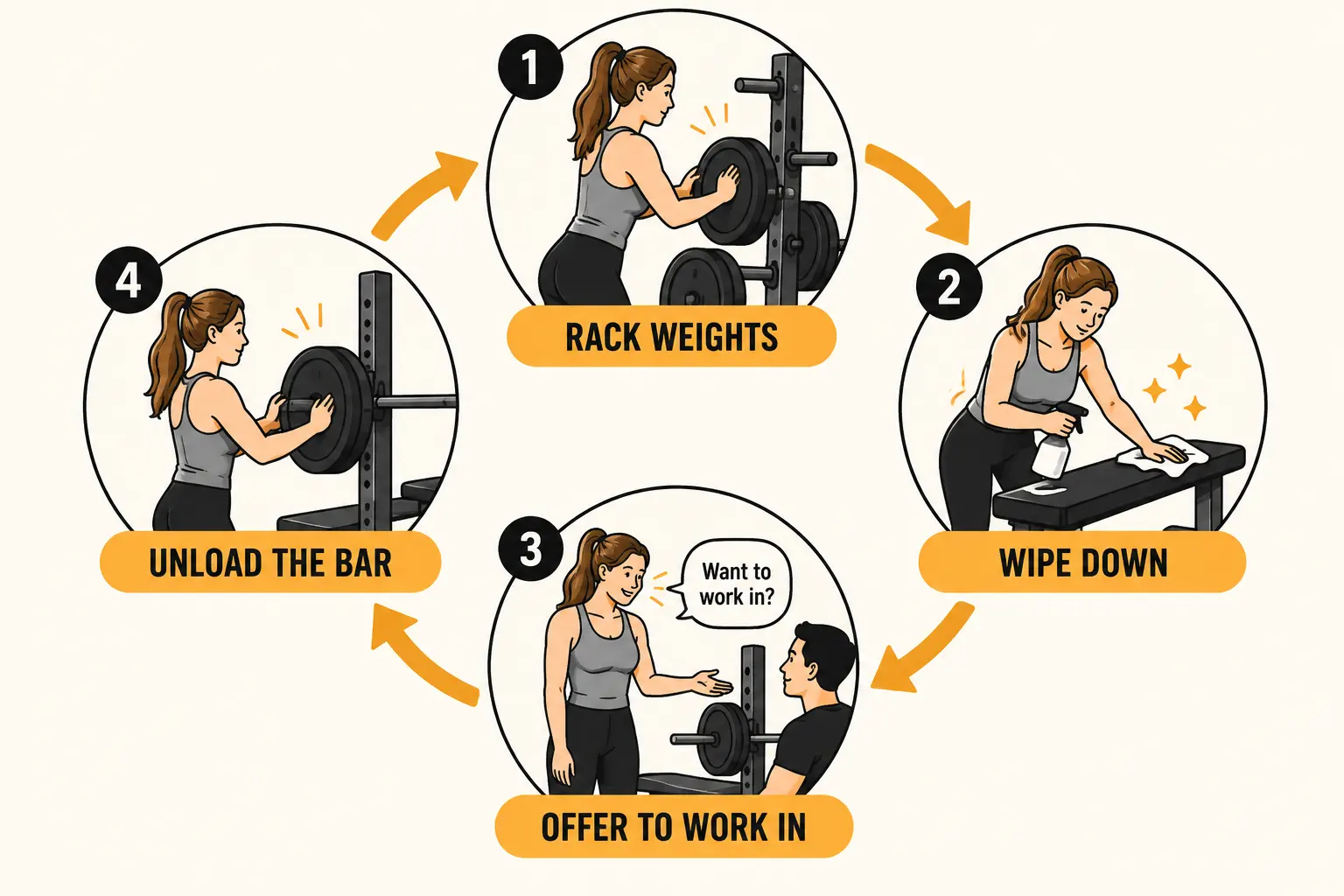 A simple infographic diagram showing the etiquette cycle of using gym equipment: rack weights, wipe down, offer to work in, and unload the bar when finished