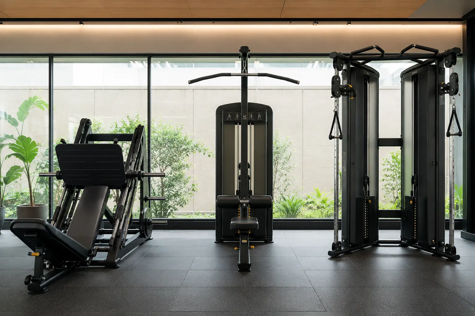 A row of labelled gym resistance machines including leg press, lat pulldown, and cable machine, arranged for a beginner reference guide