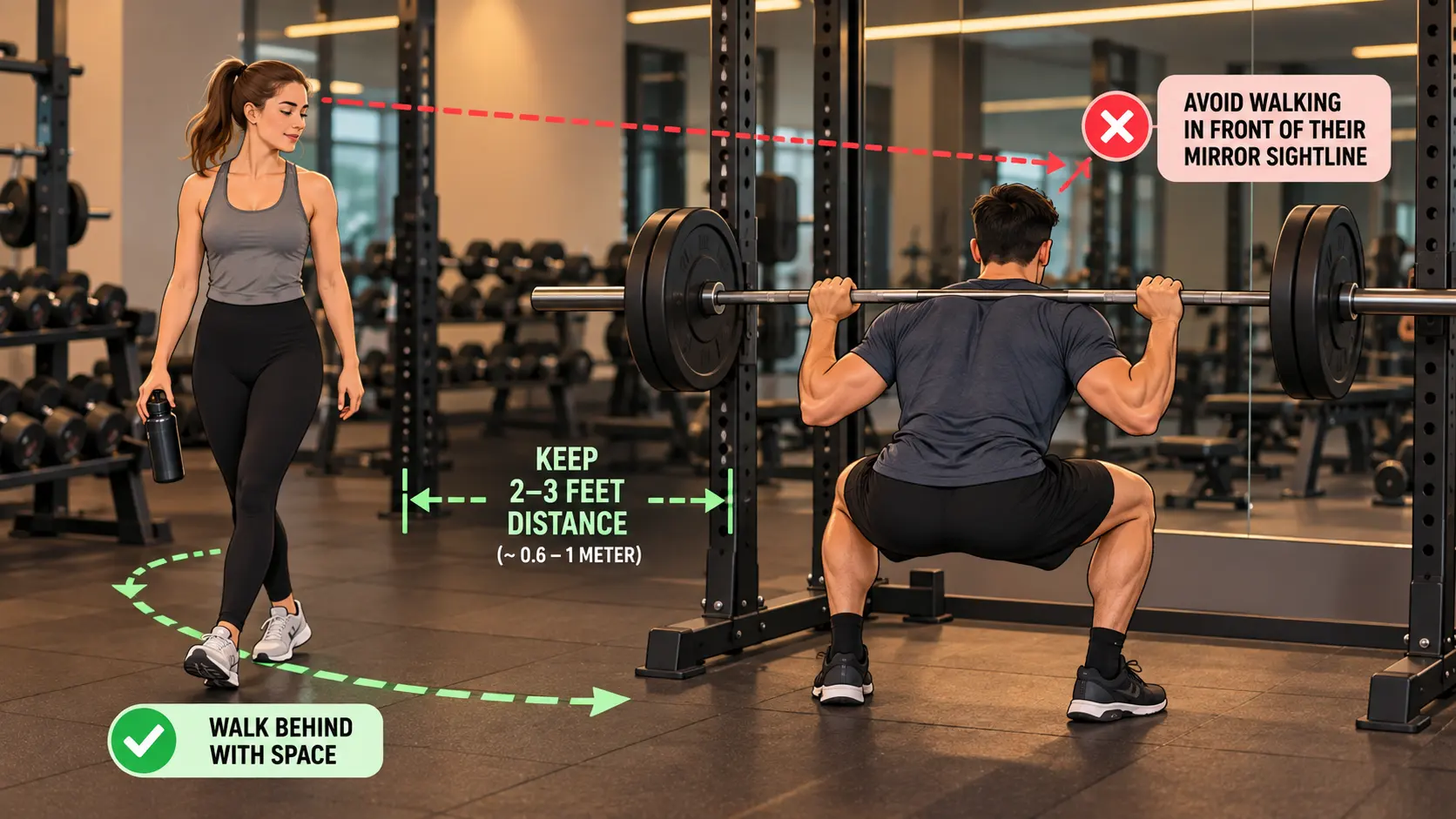 An illustration showing appropriate personal space and positioning between two gym-goers, one lifting weights and another walking past at a respectful distance, avoiding the mirror sightline