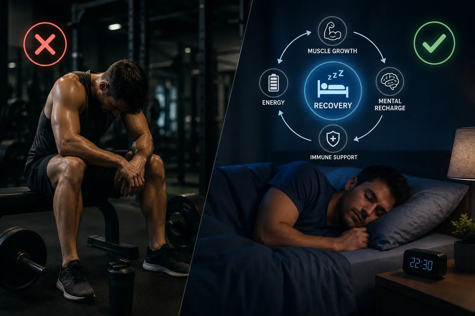 A serene bedroom representing optimal sleep conditions — the environment in which muscle repair, growth hormone release, and nervous system recovery actually happen