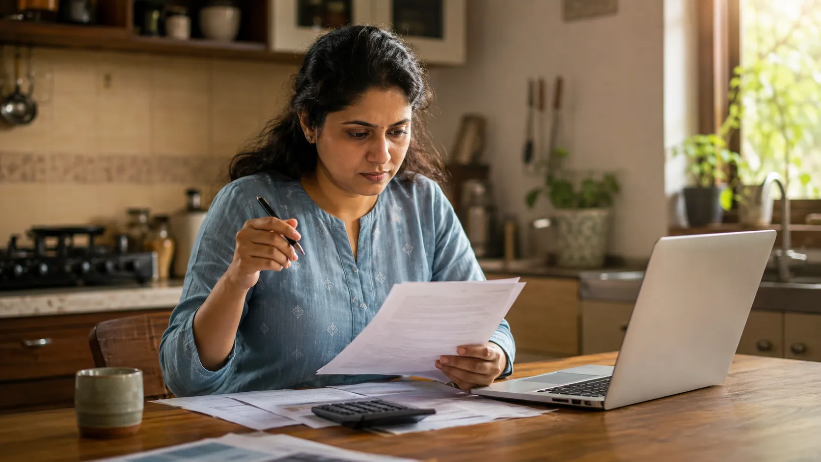 A man in his 40s sitting at a kitchen table reviewing a health insurance policy document and calculator, with a laptop open beside him