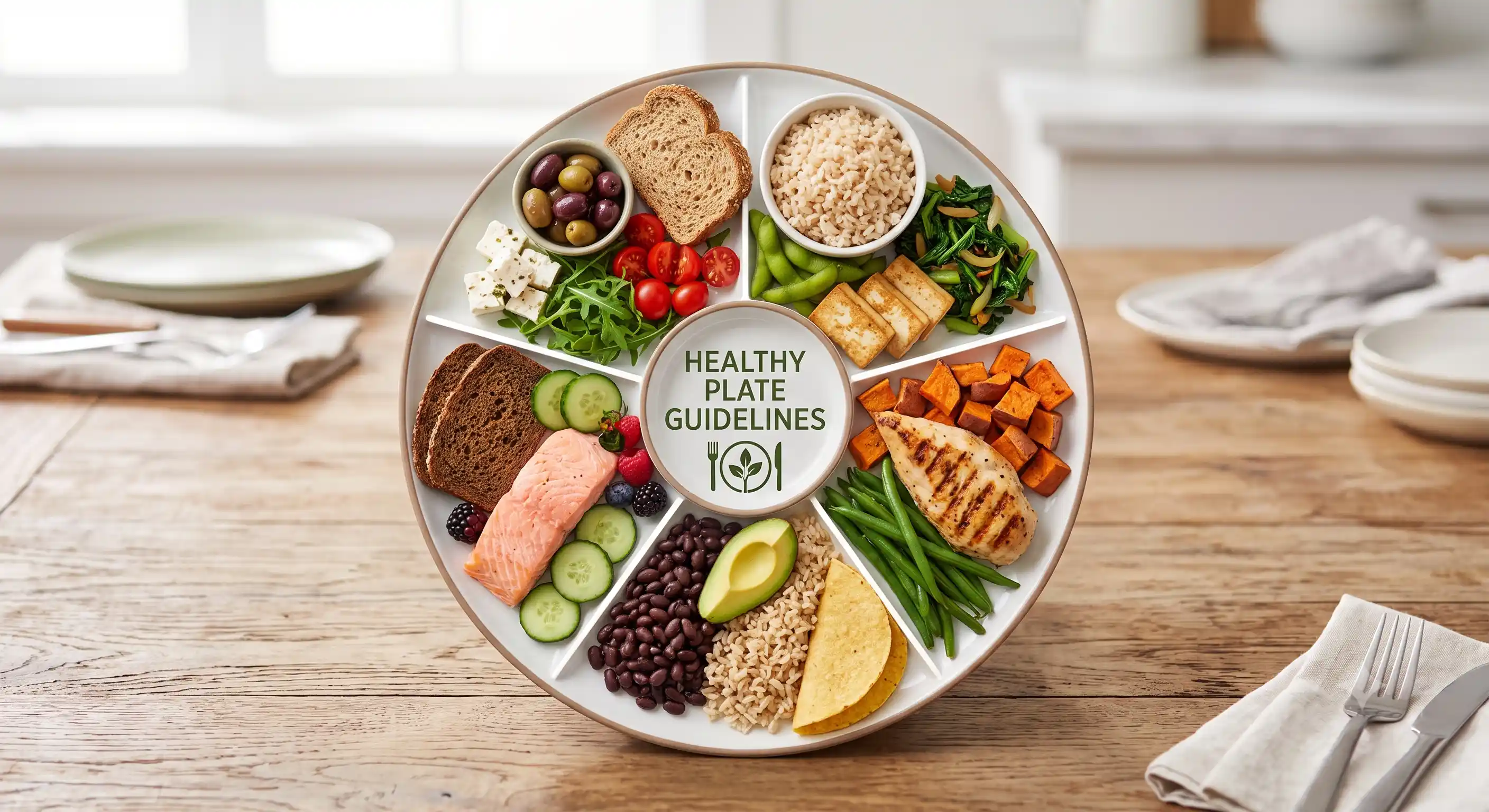 A colourful spread of vegetables, grains, and protein sources — representing how different countries build their healthy plate guidelines