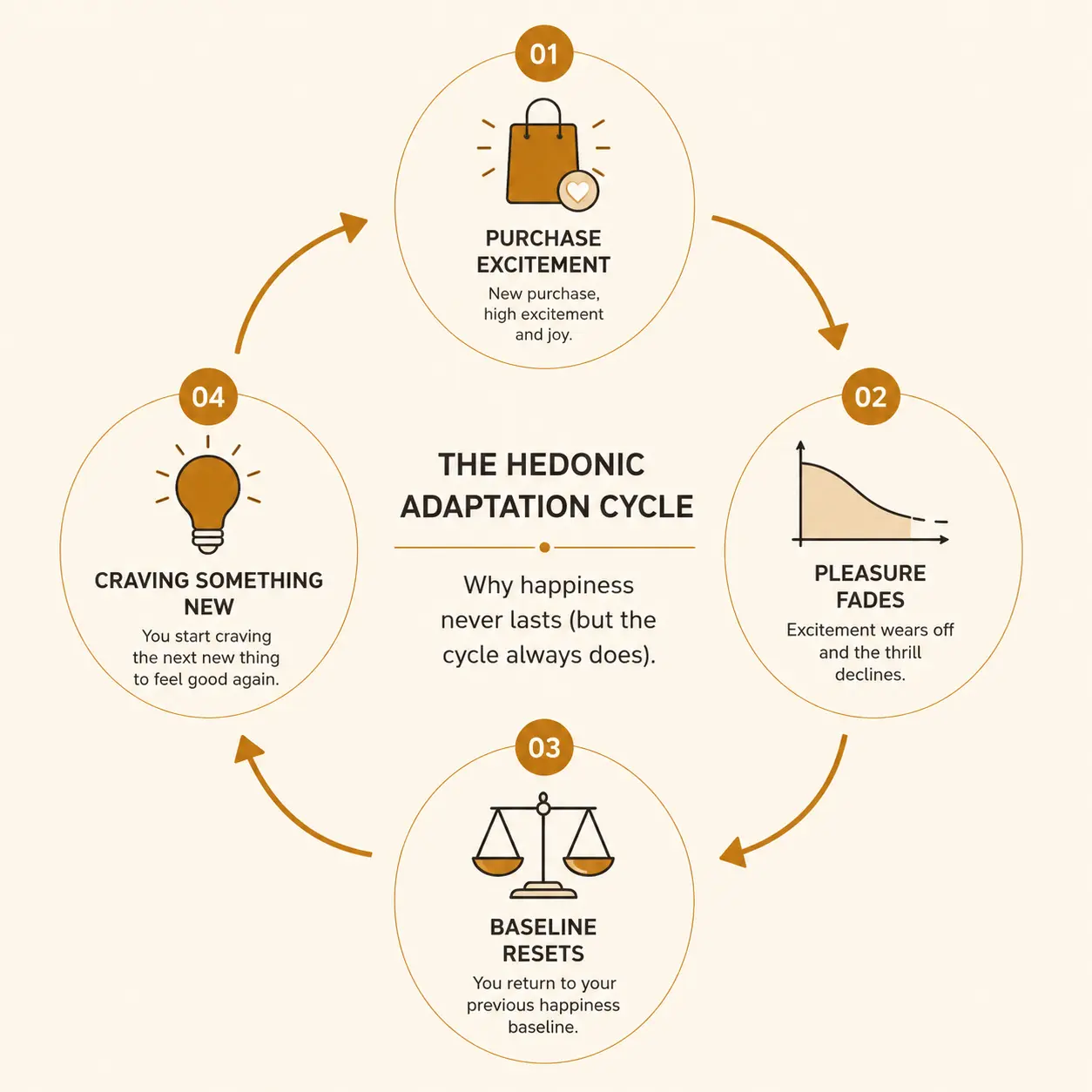 A circular diagram showing the hedonic adaptation cycle: purchase, initial pleasure, fading satisfaction, and the urge to buy again