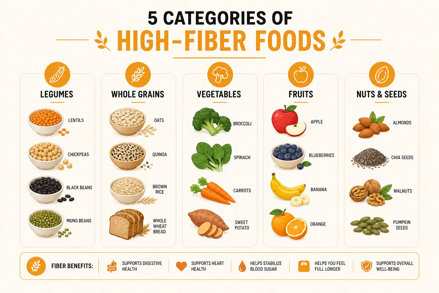 An organised grid of high-fiber foods grouped by category — legumes, whole grains, vegetables, fruits, and nuts and seeds