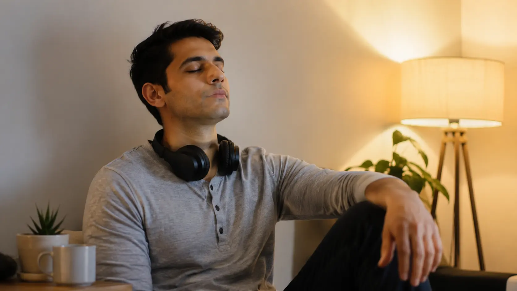 A man in his late 20s sitting alone in a quiet, softly lit room with headphones around his neck, eyes closed, taking a calm moment away from noise