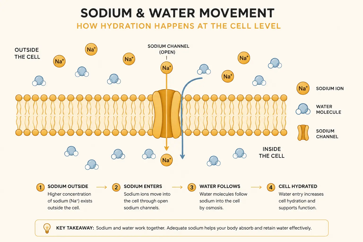 A diagram showing how sodium and water move across a cell membrane to regulate fluid balance
