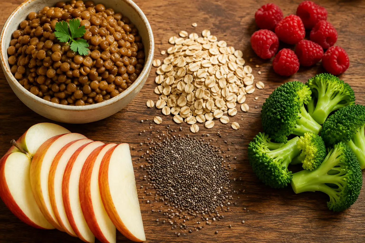 A flat-lay of high-fiber foods including lentils, oats, berries, broccoli, and chia seeds arranged on a wooden table