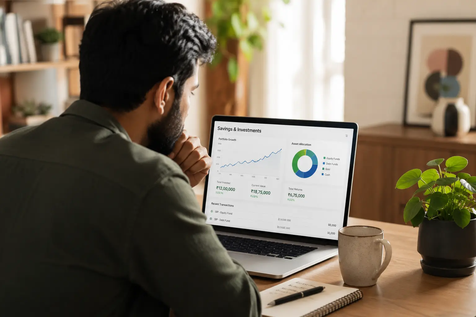 A person calmly reviewing savings and investment charts on a laptop at a home desk