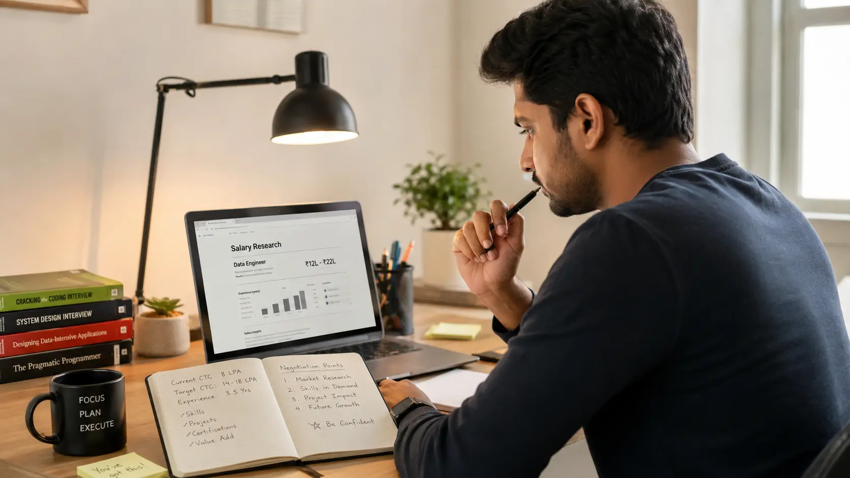A person calmly preparing notes before a salary negotiation conversation, laptop open with research on the screen