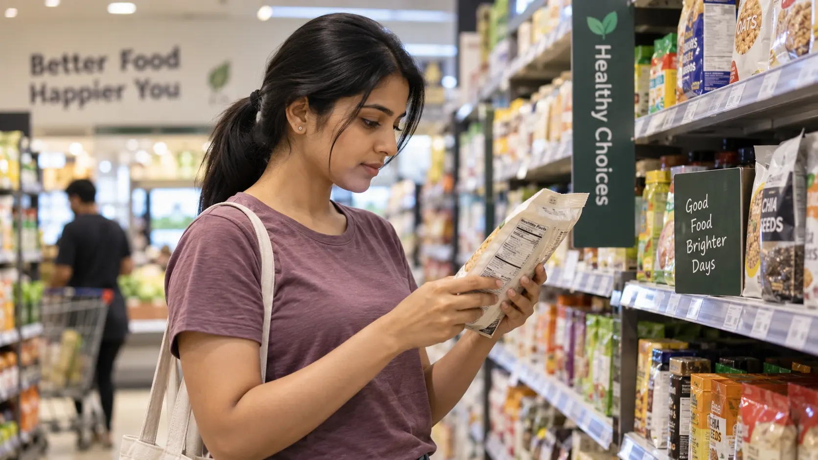A woman in her late 20s with straight black hair tied in a ponytail, wearing a casual t-shirt, standing in a grocery aisle holding a packaged food item and reading its nutrition label