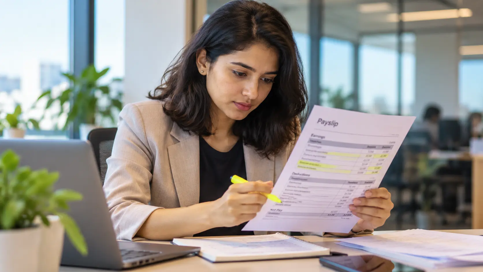 A young woman in her mid-20s with shoulder-length dark hair, wearing a smart casual blazer, sitting at a desk looking closely at a printed payslip document with a highlighter in hand