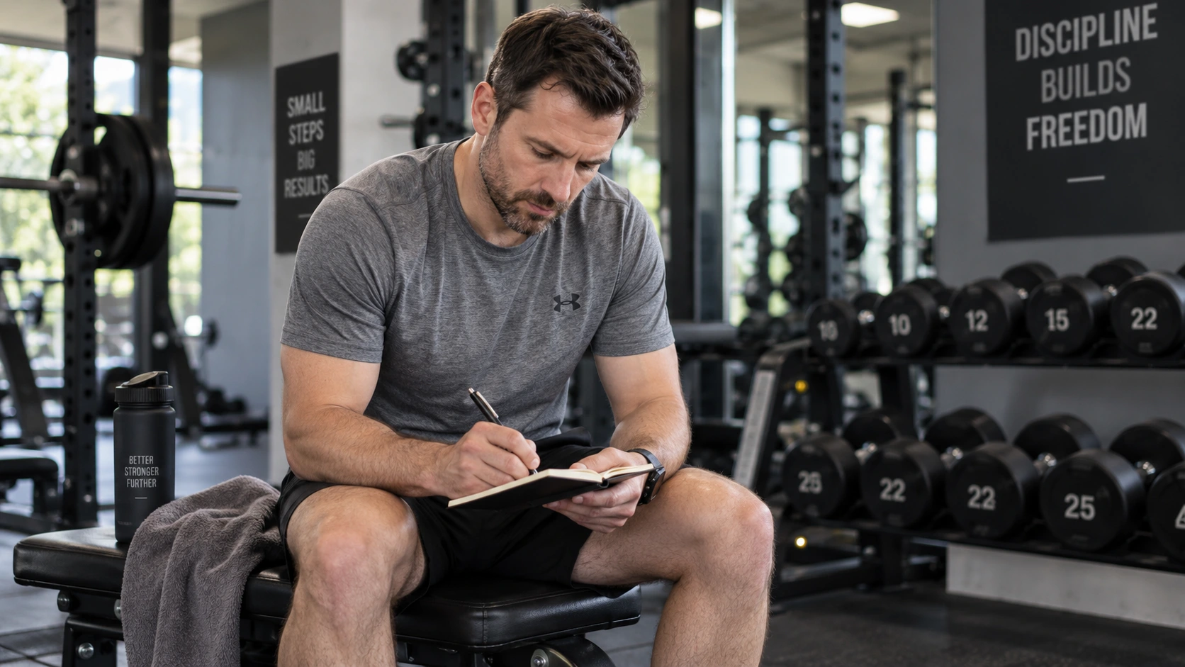 A man in his late 30s with short dark hair and a light beard, wearing a plain athletic t-shirt, sitting on a gym bench writing a quick note in a small paper notebook after finishing a set