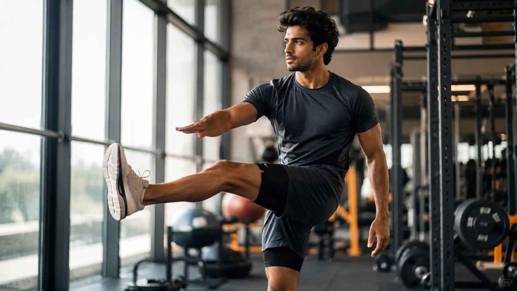 A person in workout clothes doing a dynamic leg swing warm-up exercise in a bright gym before starting their training session