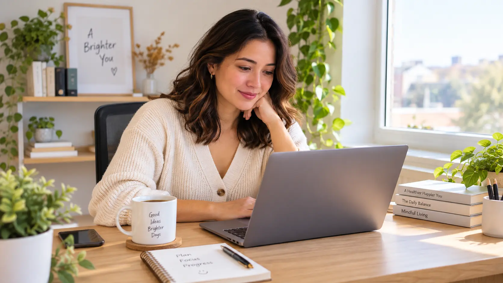 A woman sitting at a home desk with a laptop, calmly reviewing her email inbox with a cup of coffee beside her