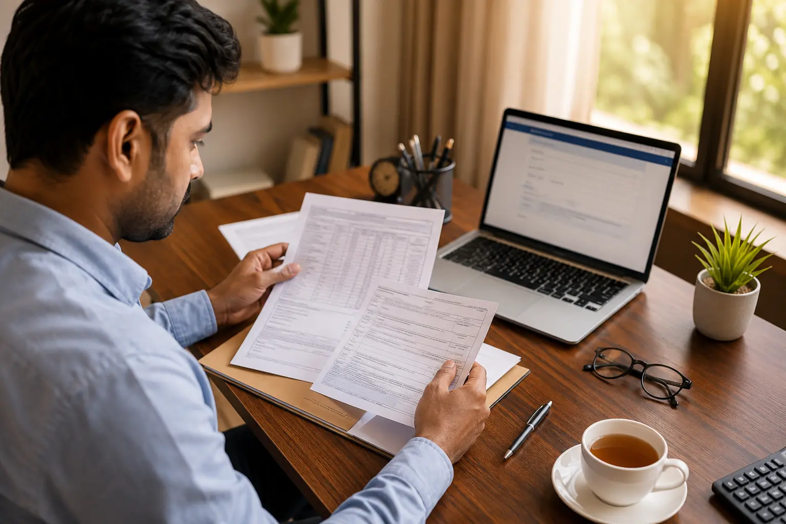 A person reviewing tax documents, Form 16, and a laptop with the income tax portal — representing the ITR filing process for salaried Indians