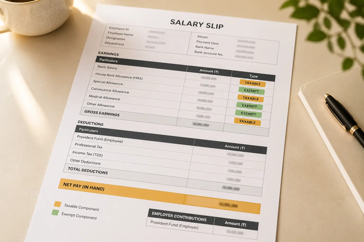 A simplified salary slip breakdown showing basic salary, HRA, special allowance, and PF contributions with their respective tax treatments