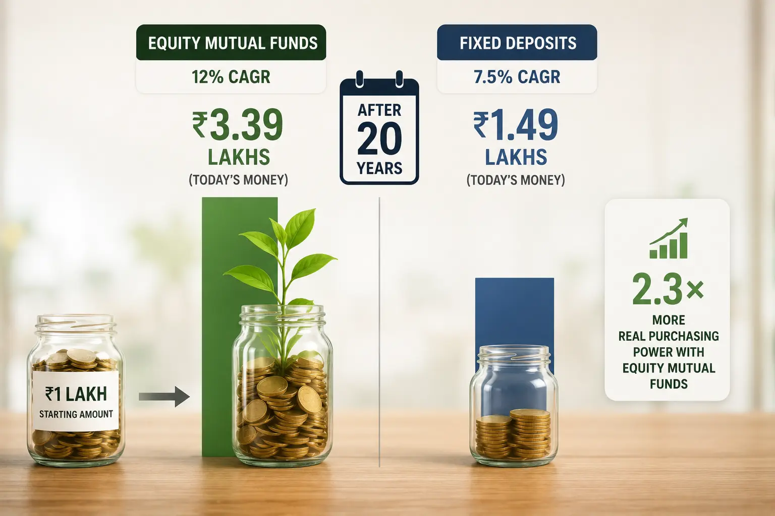 Indian rupee notes and coins representing the long-term wealth difference between fixed deposit and equity mutual fund returns after inflation and tax