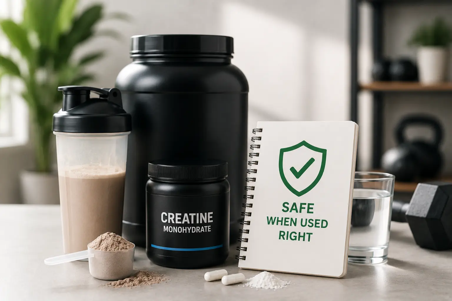 Protein powder tub and creatine supplement on a gym bench