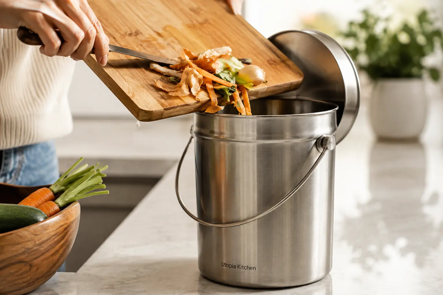 A simple countertop composting setup with a small bin for food scraps next to fresh vegetables being prepared
