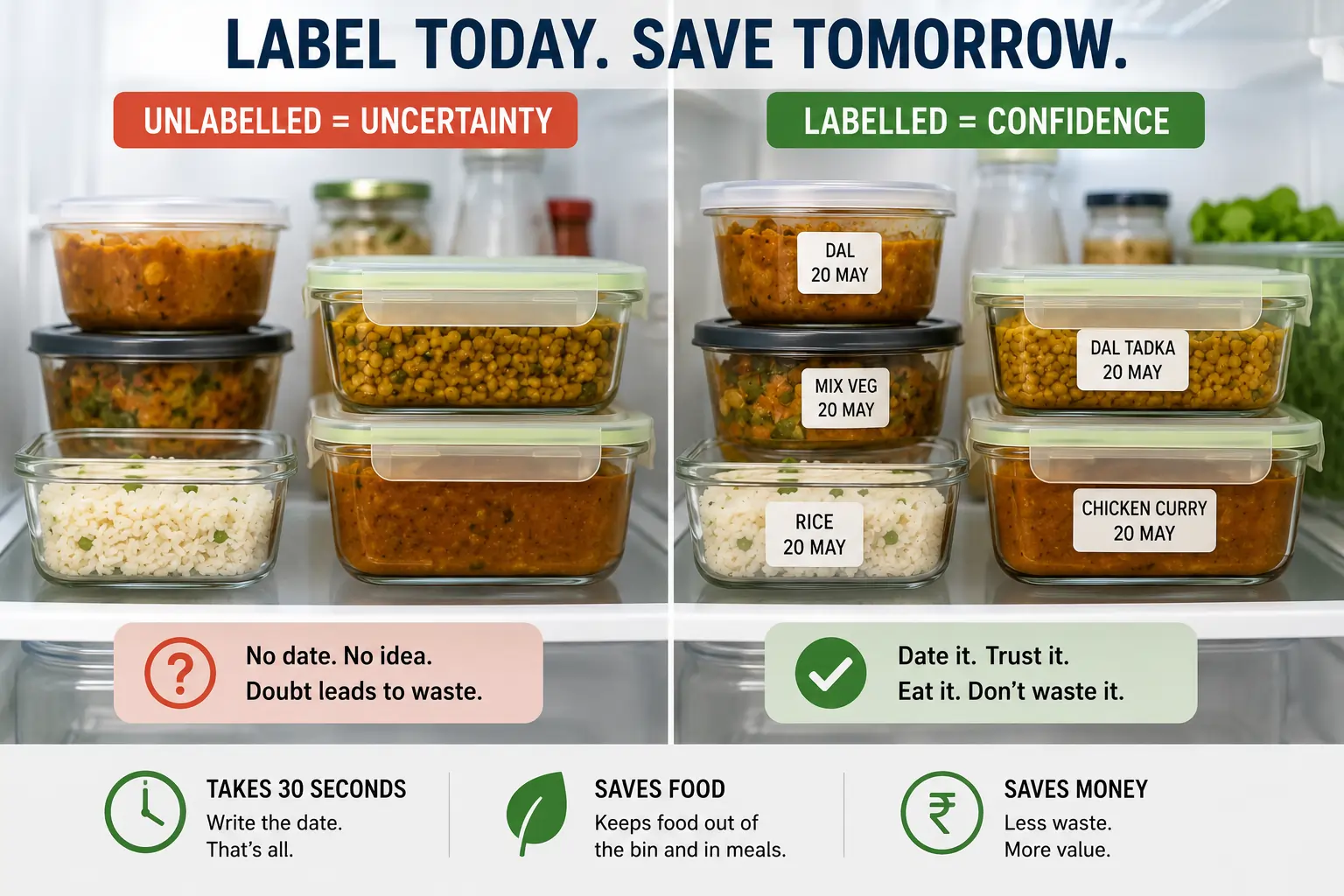 Organised food storage containers in a refrigerator — the result of a well-executed Sunday prep session