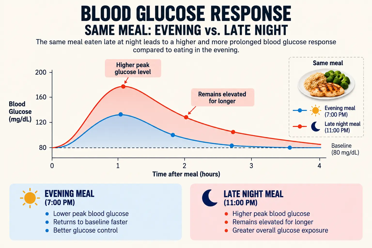 A diagram comparing blood glucose response curves for an identical meal eaten in the evening versus late at night, showing a slower, less favorable response for the later meal