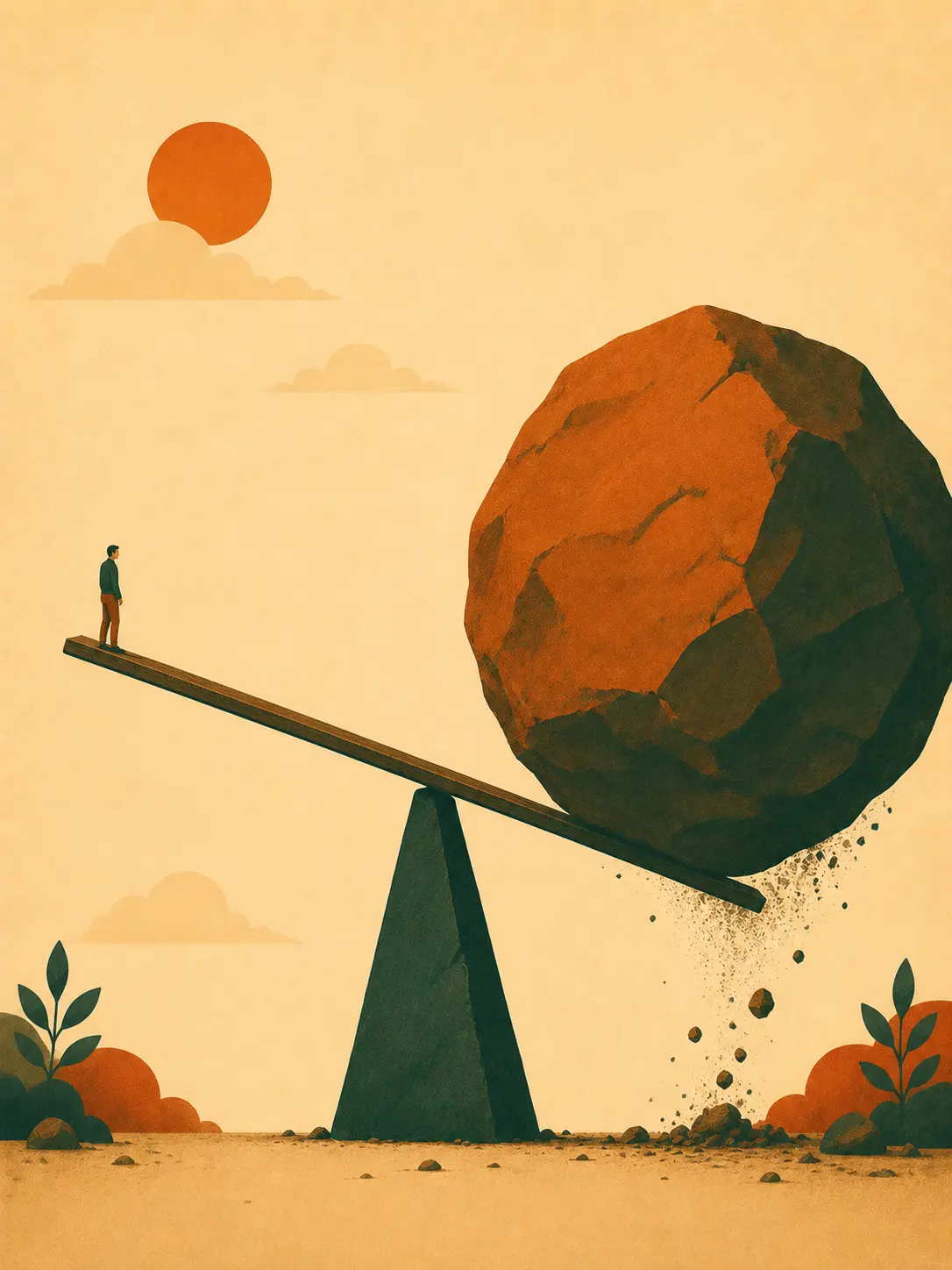 Illustration of a tiny figure on one end of a seesaw with an enormous boulder crashing down on the other end — like leverage turning a small market move into a wipeout