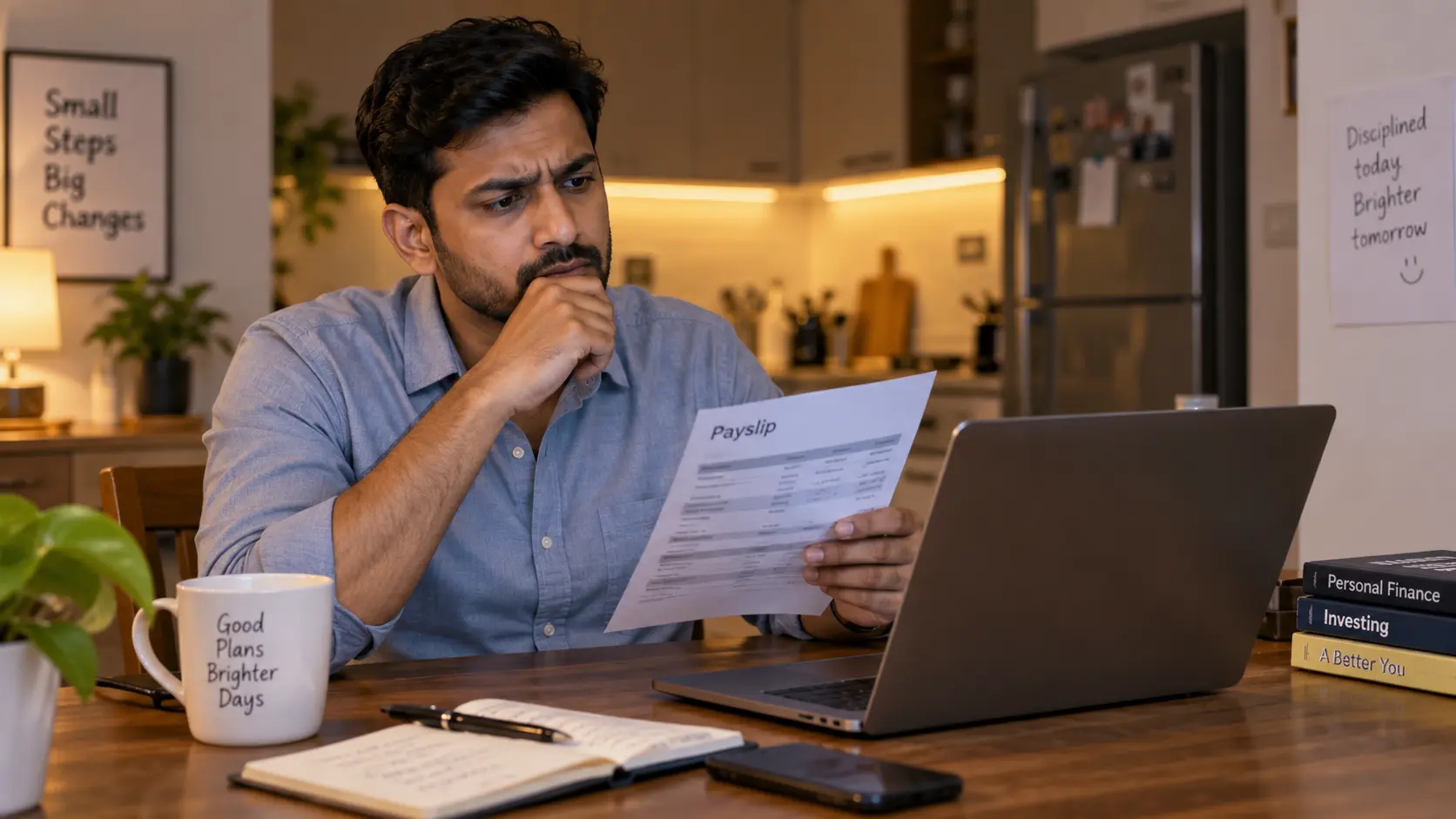 A man in his early 30s with short black hair and a light beard, wearing a smart casual shirt, sitting at a kitchen table looking at a payslip and a laptop with a slightly puzzled expression, as if trying to work out where his last raise went