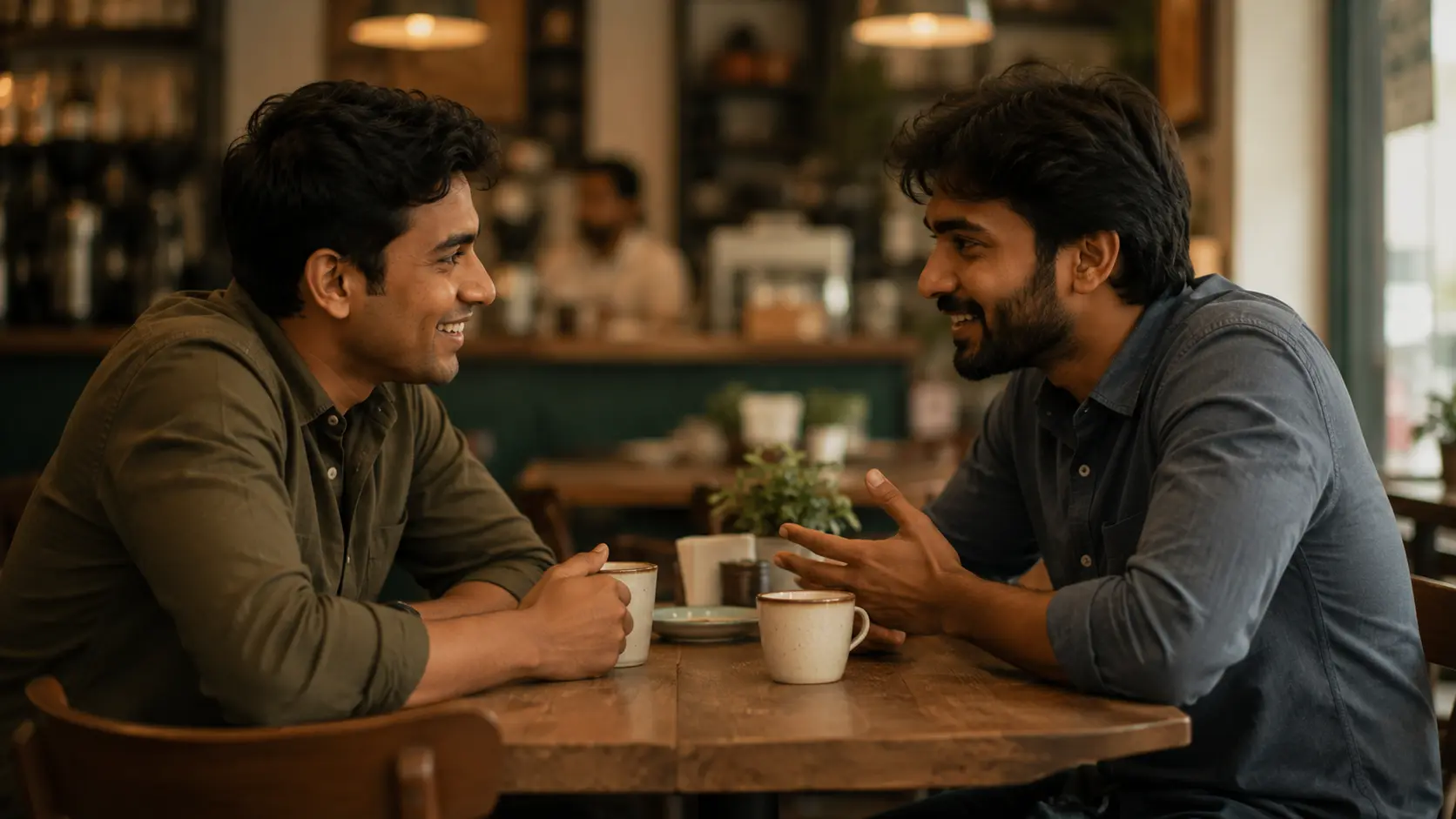 Two people having a genuine, unhurried conversation over coffee at a regular neighbourhood cafe — an example of deepening an existing connection