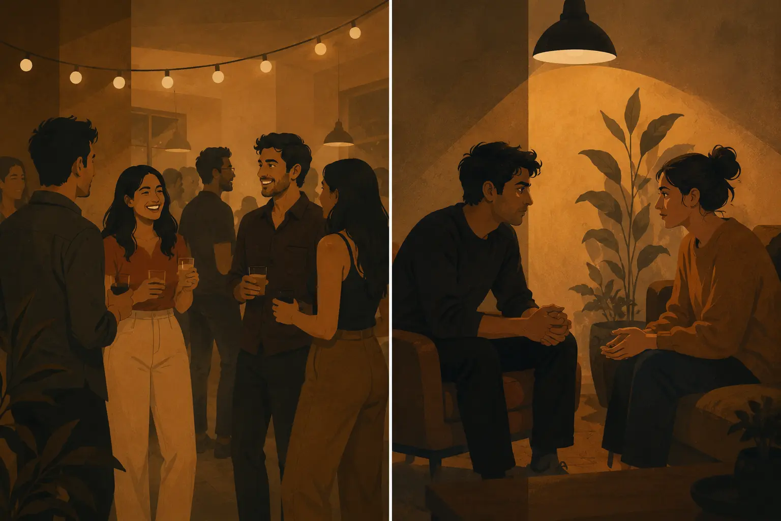 A split illustration comparing social loneliness — a lack of broad casual contacts — against emotional loneliness — a lack of one deep, trusted relationship