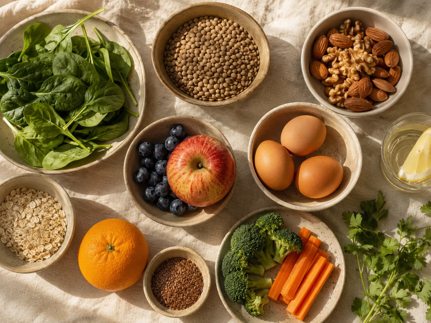 A flat-lay of whole foods associated with steadier blood sugar — whole fruit, nuts, eggs, leafy greens, and lentils