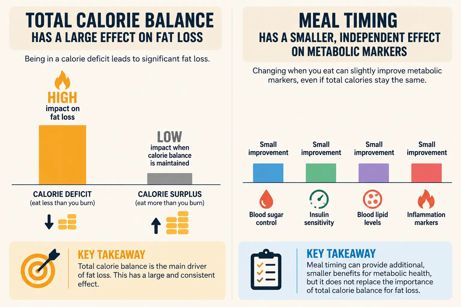 A chart contrasting the size of the effect of total calorie balance on fat loss versus the smaller, independent effect of meal timing on metabolic markers
