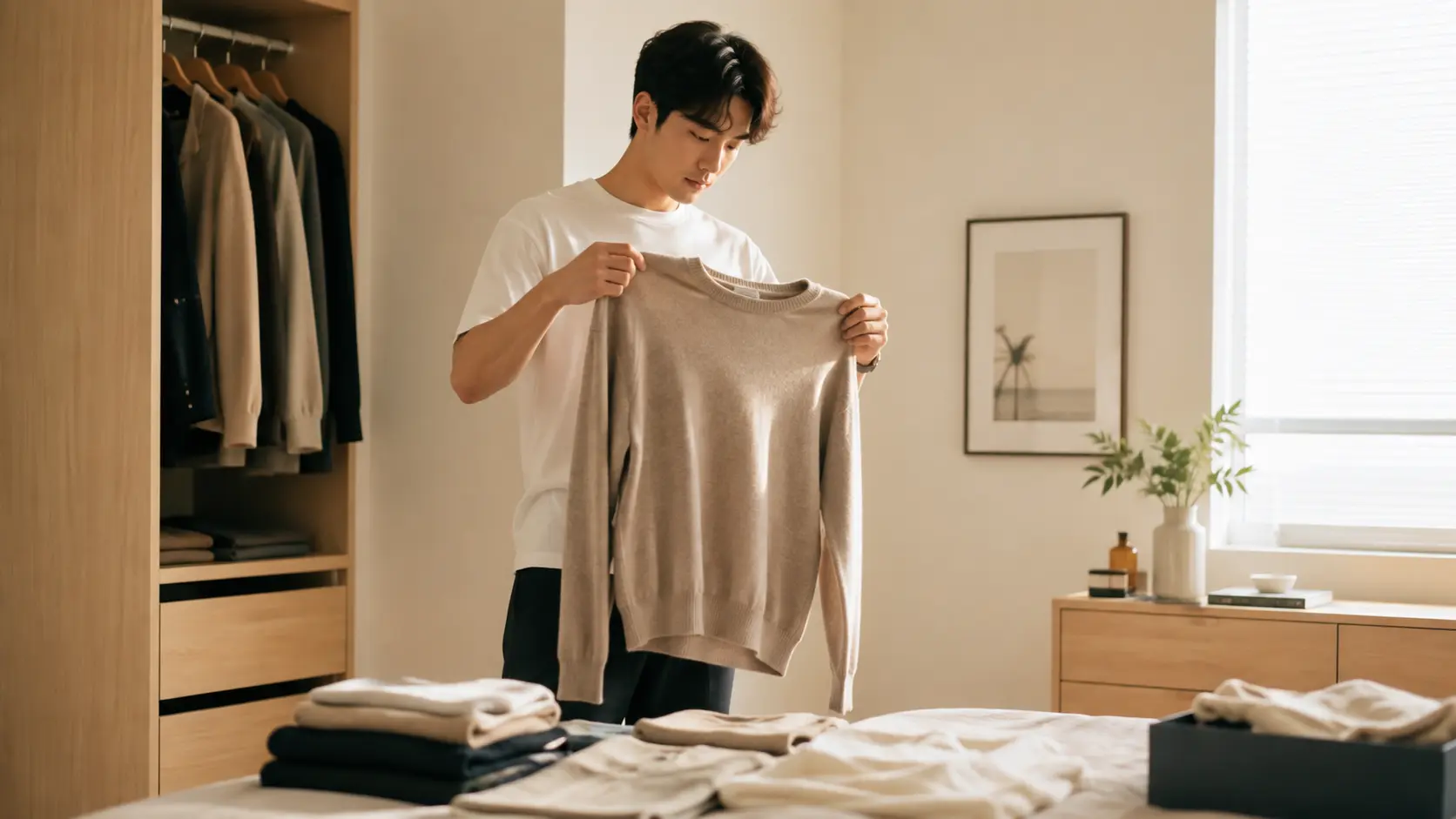 A person thoughtfully examining an item in a store before deciding whether to buy it