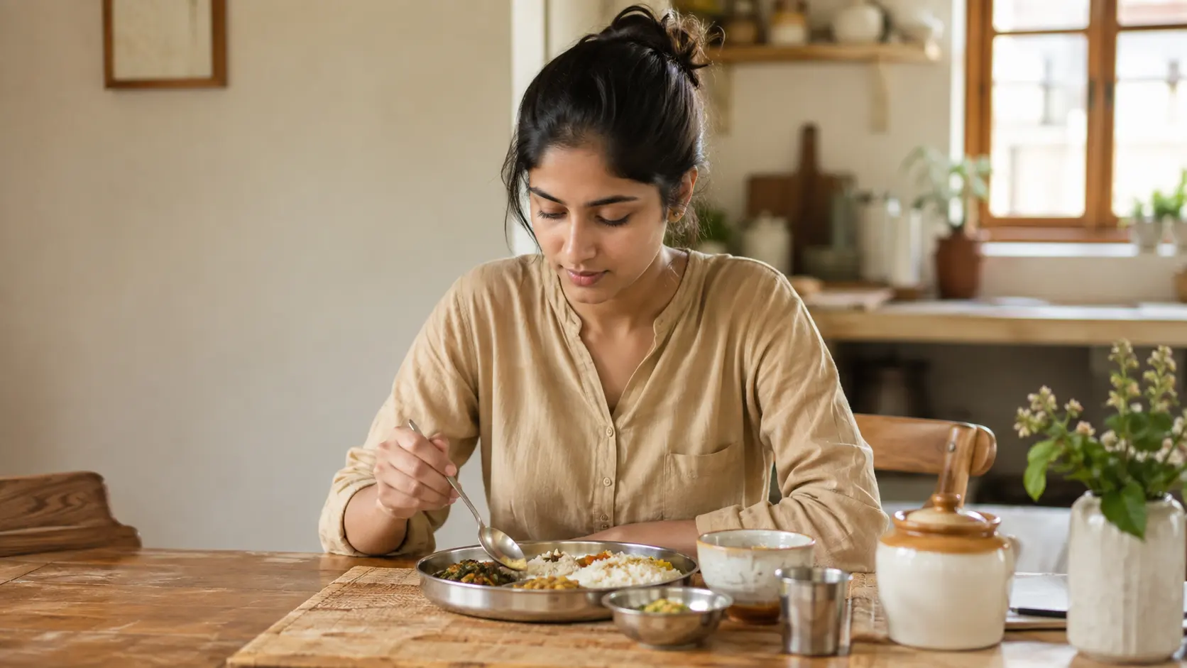 A person eating a meal slowly at a table without a phone or laptop nearby, focused on the food