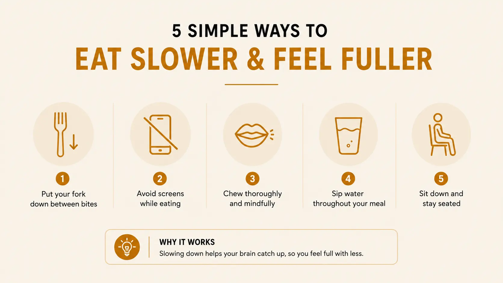 An infographic showing five zero-extra-time mindful eating tactics that fit inside a normal meal