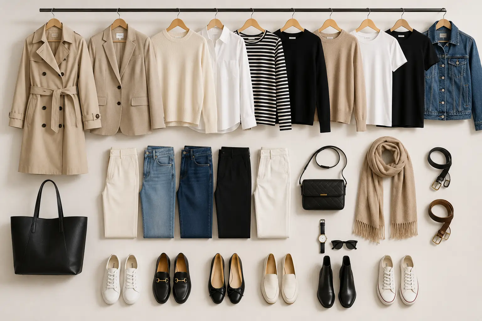 A minimal, well-organised wardrobe with a curated selection of clothing — the visual goal of the 33-piece capsule wardrobe framework